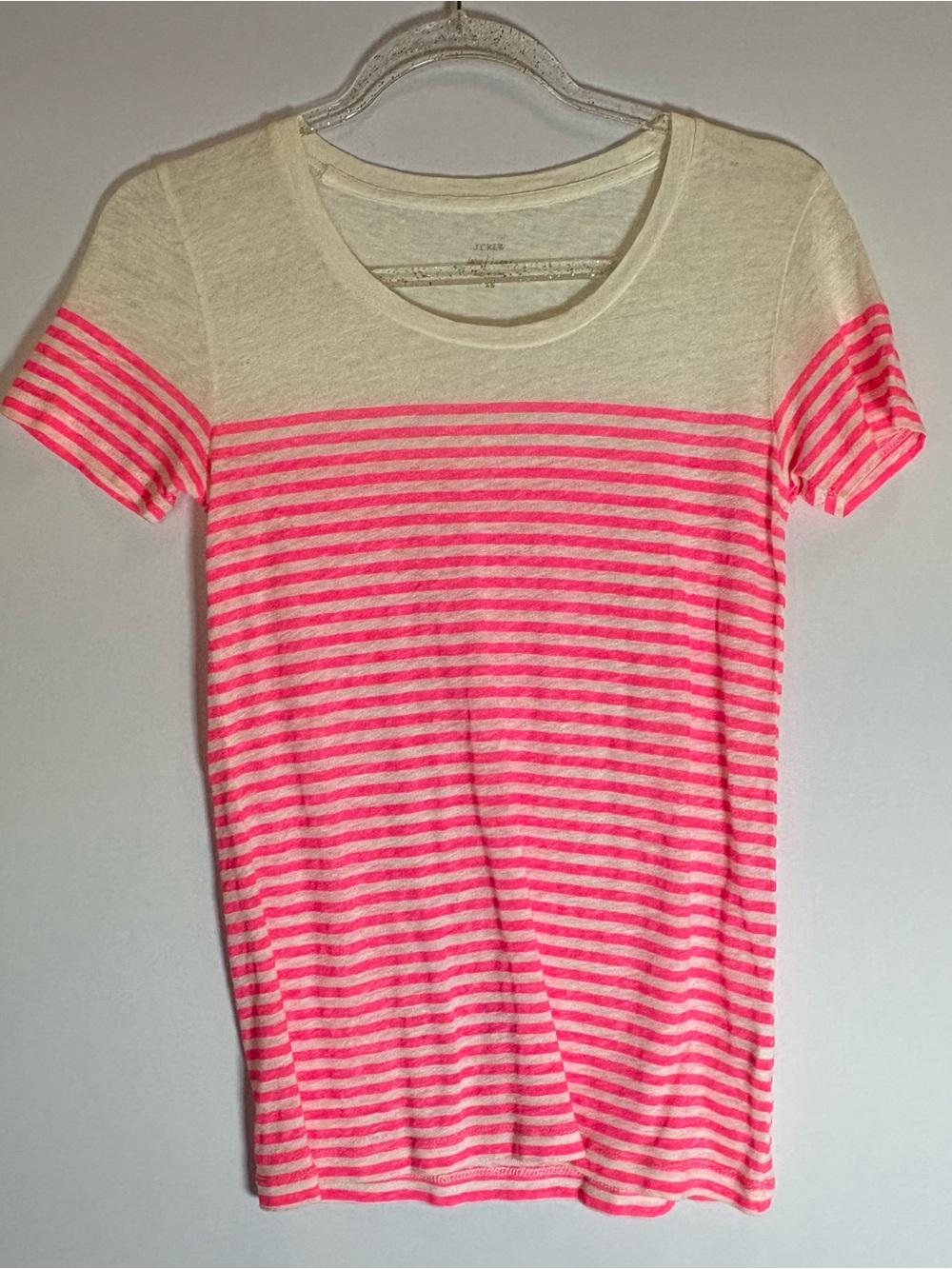 J Crew Striped Short-Sleeve Crewneck Top - Neon Pink and Cream 100% Linen